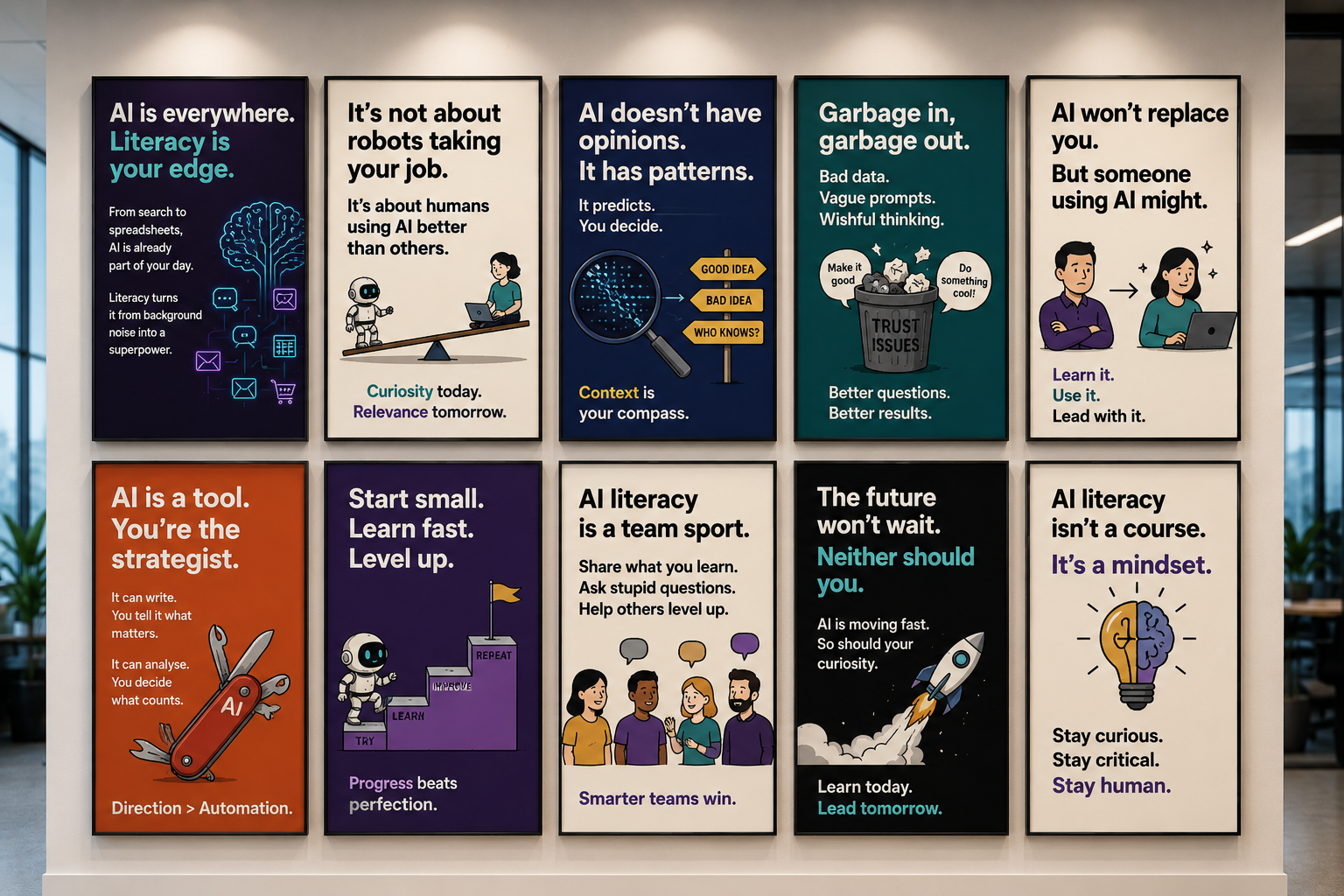 AI Literacy 10-poster bundle displayed in a 2x5 grid showing diverse colourful posters covering topics like AI is everywhere, team sport, mindset, and start small learn fast
